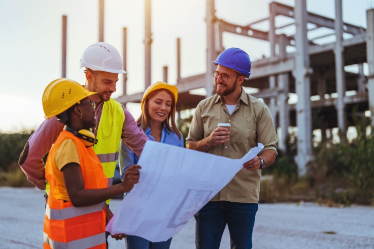 four construction workers examine site plans