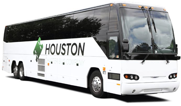 a plain white charter bus with a houston charter bus company logo